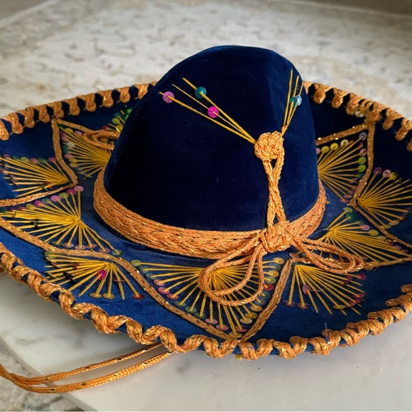PIGALLE Authentic Mexican Sombrero Hat,, VINTAGE Blue Velvet And